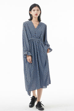 Printed Drawstring Flounce Sleeve Midi Dress