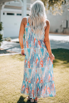 Printed Spaghetti Strap Ruffle Hem Maxi Dress