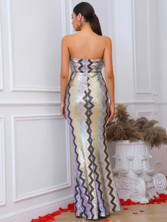 Multicolored Chevron Sequin Slit Strapless Dress