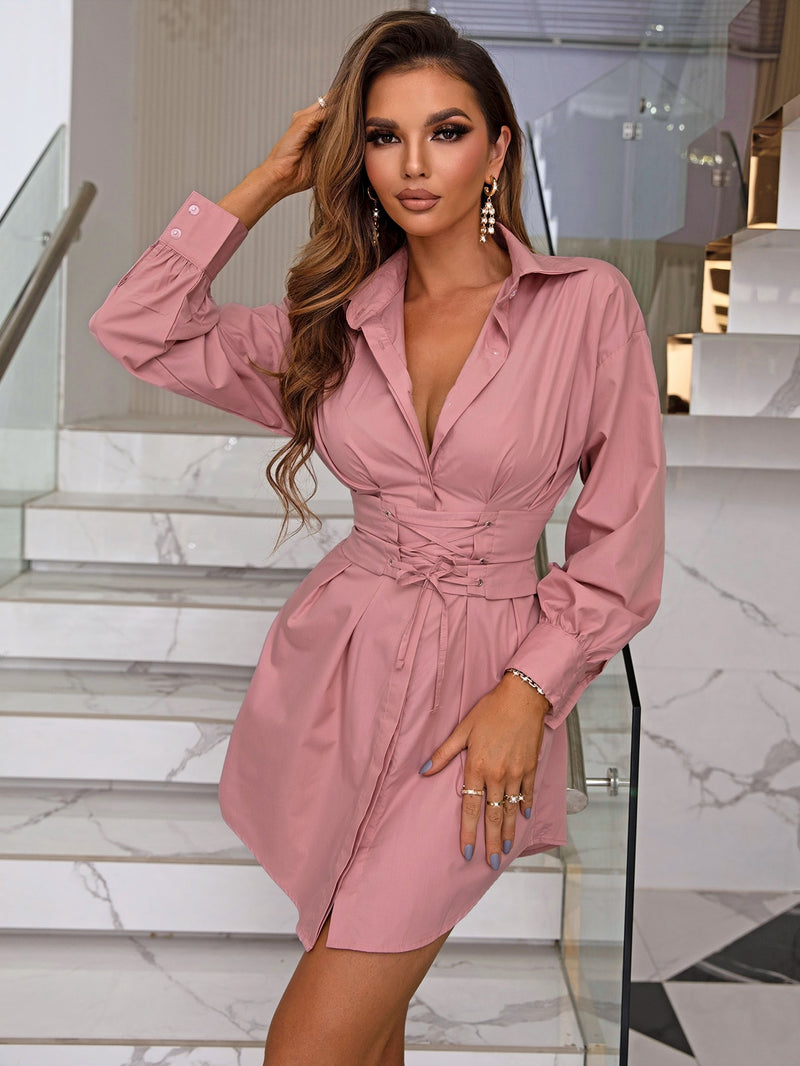 Lace-Up Dropped Shoulder Shirt Dress