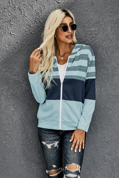 Colorblock Striped Zipper Up Hoodie