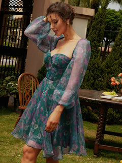 Floral Sweetheart Neck Balloon Sleeve Dress