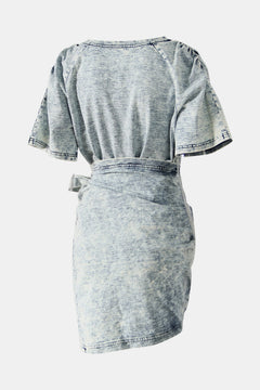 Acid Wash Denim T-Shirt and Side Tie Skirt Set