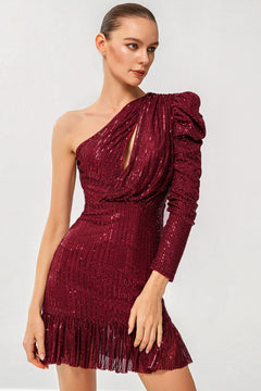 Sequin One-Shoulder Fringe Hem Dress