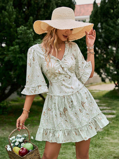 Printed Frill Trim Lace-Up Flare Sleeve Mini Dress