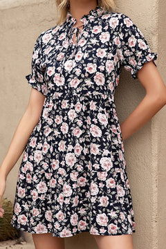 Floral Ruffle Trim Tie-Neck Dress