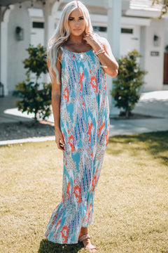 Printed Spaghetti Strap Ruffle Hem Maxi Dress