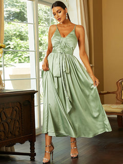 Satin Tie Waist Deep V Maxi Dress