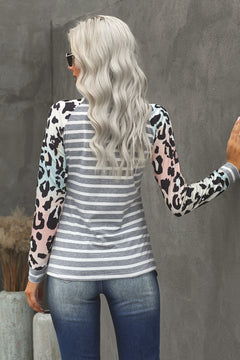 Leopard Striped Splice Long Sleeve Top