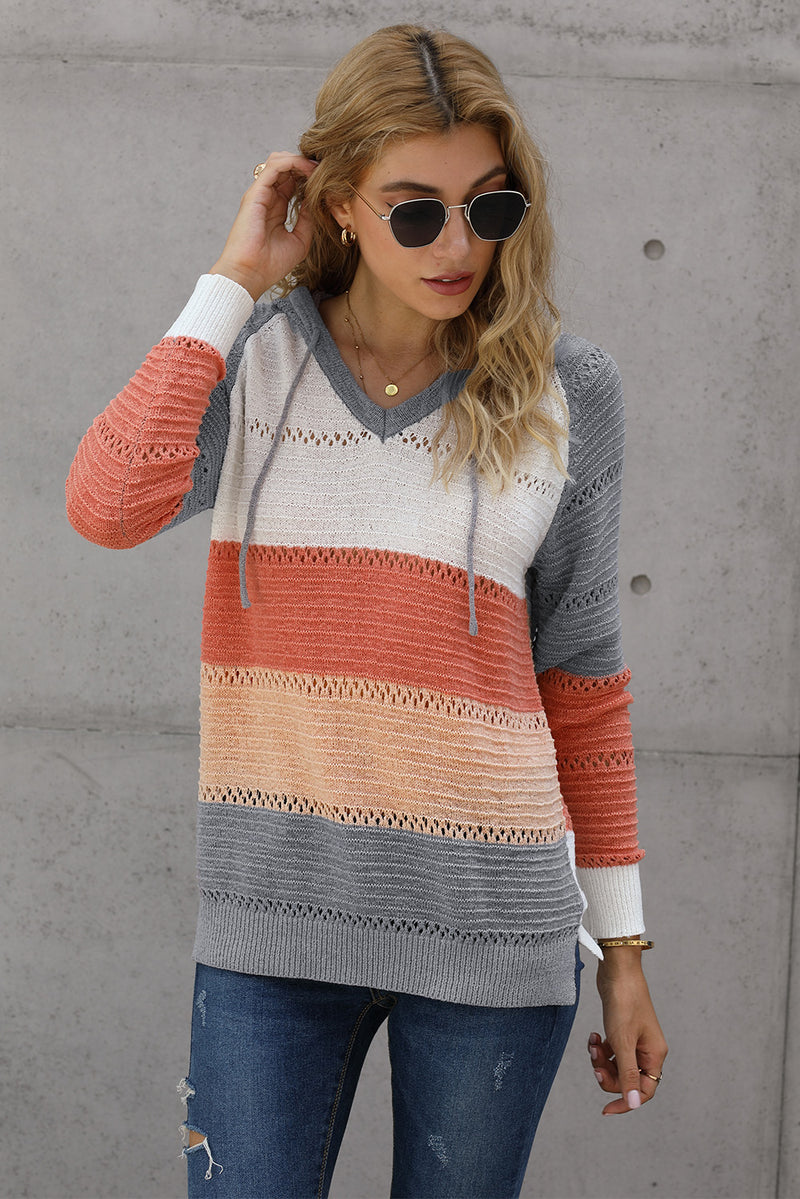 Color Striped Knitted Hoodie