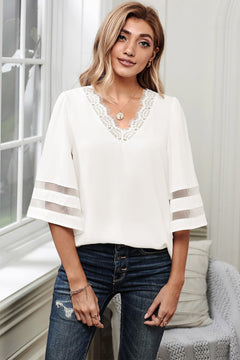 V Lace Neckline 3/4 Bell Mesh Sleeves Blouse