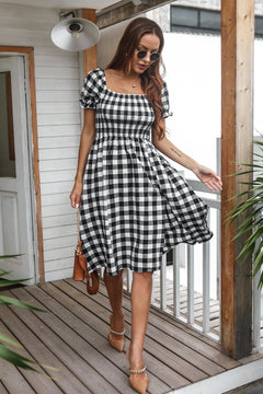 Gingham Smocked Ruffle Sleeve Slit Midi Dress