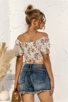 Floral Off Shoulder Drawstrings Crop Top