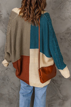 Color Block Cable-Knit Batwing Sleeve Cardigan