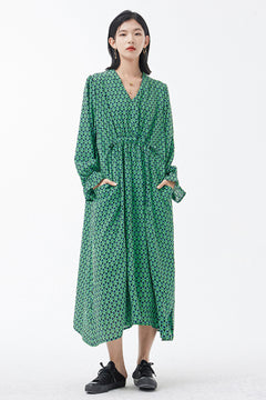 Printed Drawstring Flounce Sleeve Midi Dress