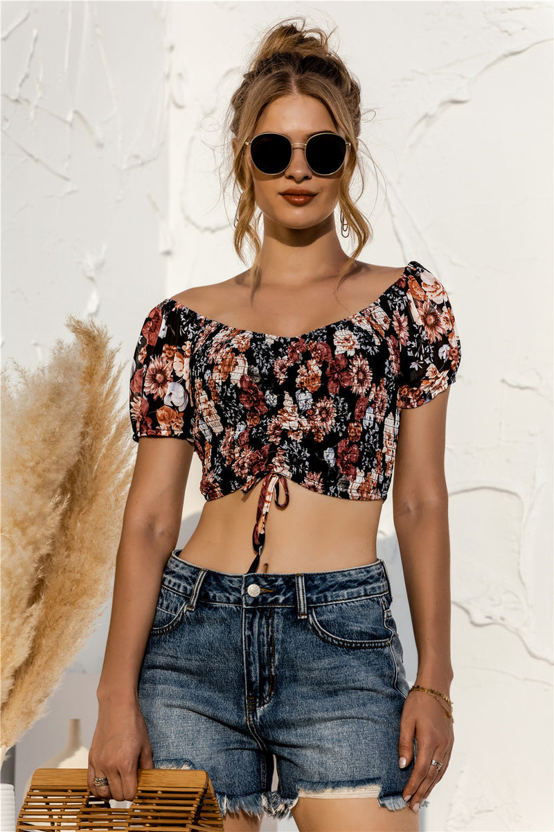 Floral Off Shoulder Drawstrings Crop Top