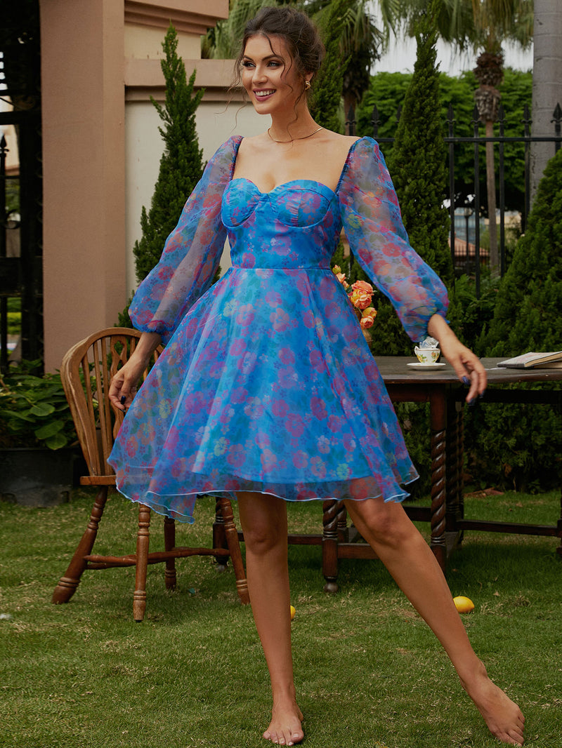 Floral Sweetheart Neck Balloon Sleeve Dress