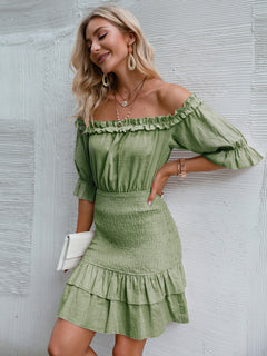 Frill Trim Off-Shoulder Layered Mini Dress