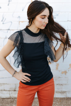 Glitter Spliced Mesh Mock Neck Top