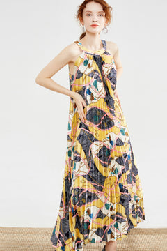 Printed Accordion Pleated Midi Dress