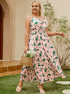 Plus Size Floral Frill Trim Spaghetti Strap Maxi Dress