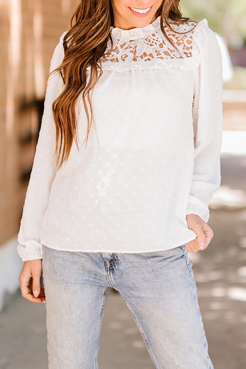 Dotted Lace Yoke Frill Trim Blouse