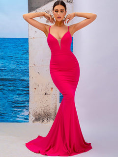 Spaghetti Strap Backless Plunge Mermaid Dress