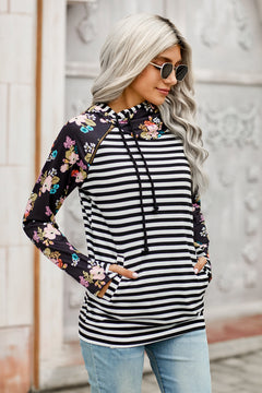 Striped Floral Print Long Sleeve Hoodie