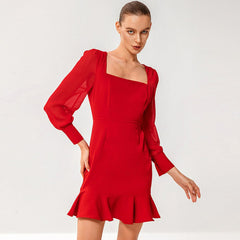 Ruffle Hem Bishop Sleeve Square Neck Mini Dress