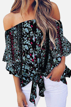 Off Shoulder Floral Tie Front Chiffon Blouse