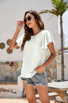 Eyelet Flutter Sleeve Short Sleeve Top