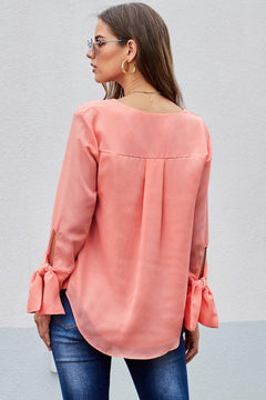 V Neck Ruched Tie Sleeve Top