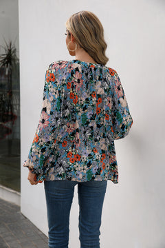 Floral Pleated Detail V-Neck Blouse