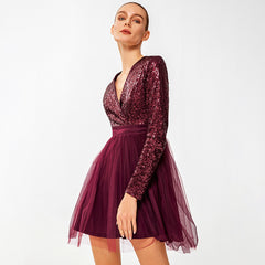 Sequin Surplice A-Line Tulle Dress