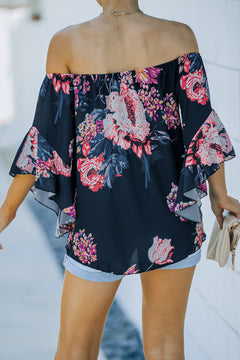 Off Shoulder Floral Tie Front Chiffon Blouse