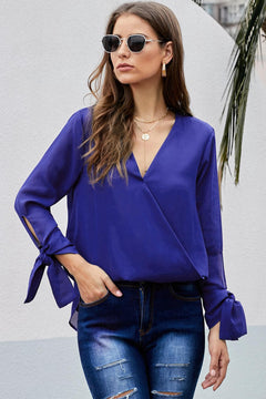 V Neck Ruched Tie Sleeve Top