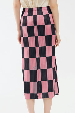 Checkerboard Accordion Pleated Midi Skirt