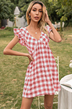 Plaid Butterfly Sleeve V-Neck Dress