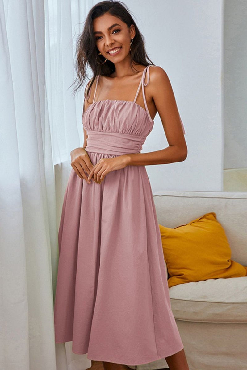 Tie-Shoulder Ruched Midi Dress