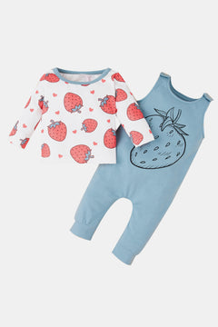 Baby Girl Strawberry Print Tee and Graphic Overalls Set