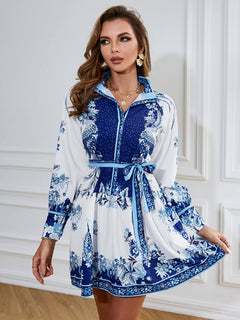 Printed Bishop Sleeve Belted Dress