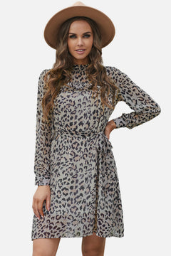 Leopard Ruffled Zipper Lantern Sleeve Dress