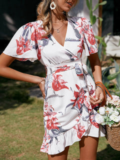 Floral Belted Ruffle Hem Surplice Wrap Dress