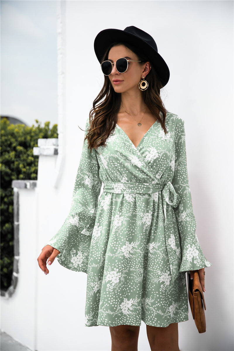 Floral Print Wrap V Neck dress