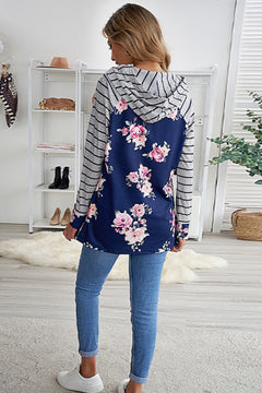 Striped Floral Print Hooded Top