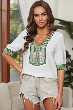 Deep V-Neck Embroidery Patch Blouse