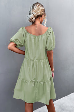 Puff Sleeve Square Neck Tiered Dress