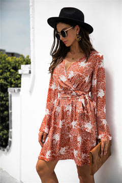 Floral Print Wrap V Neck dress