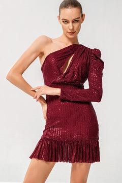 Sequin One-Shoulder Fringe Hem Dress