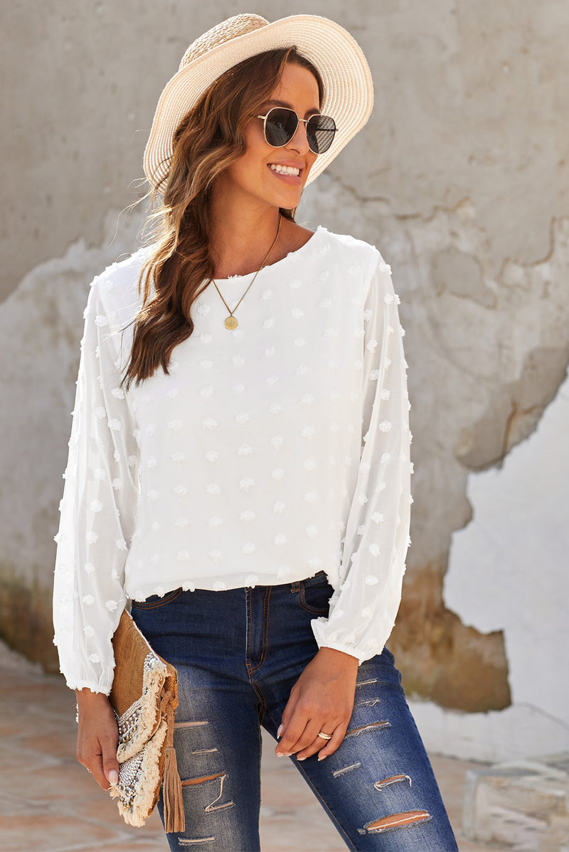 Swiss Dot Balloon Sleeve Crewneck Blouse